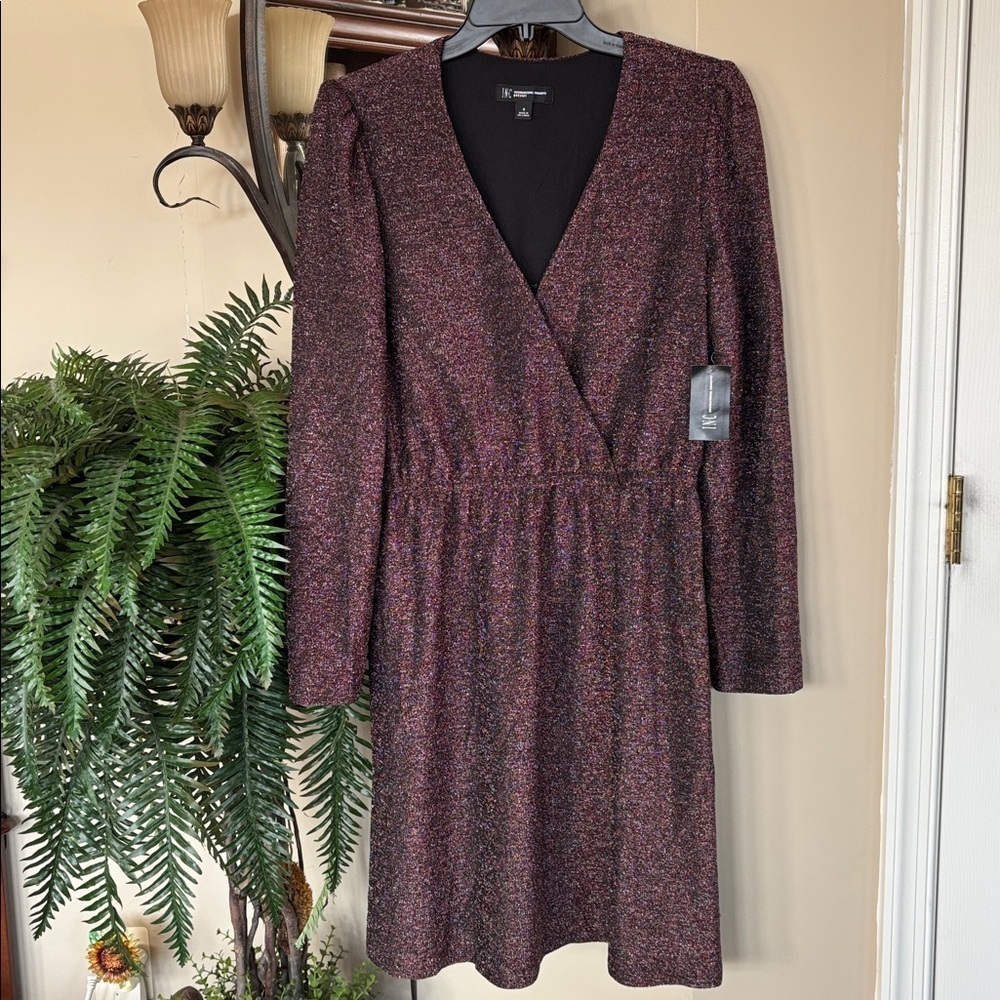 Brand New INC Metallic Knit A-Line Dress Black & Fire Red Long Sleeve Cocktail